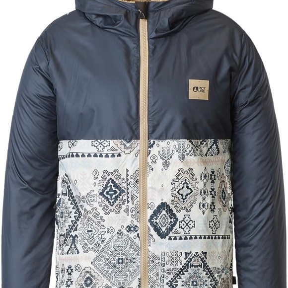 NWT PICTURE Navy/Tan Color Block Reversible Hooded Sherpa Fleece Posy Jacket, L - Picture 12 of 16